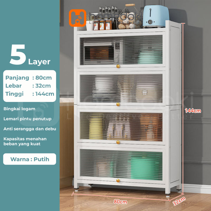 Homedoki Rak Piring Tertutup / Rak Dapur / Rak Susun Serbaguna / Lemari Piring / Rak Penyimpanan Multi-layer Dengan Roda Pintu