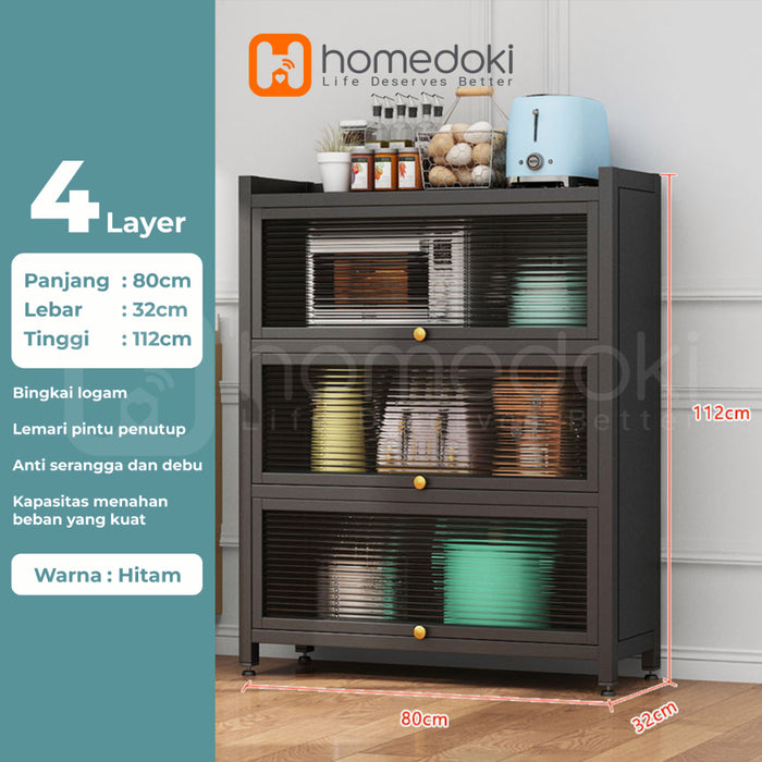Homedoki Rak Piring Tertutup / Rak Dapur / Rak Susun Serbaguna / Lemari Piring / Rak Penyimpanan Multi-layer Dengan Roda Pintu
