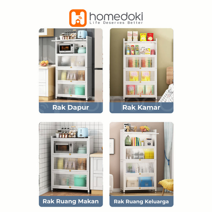 Homedoki Rak Piring Tertutup / Rak Dapur / Rak Susun Serbaguna / Lemari Piring / Rak Penyimpanan Multi-layer Dengan Roda Pintu