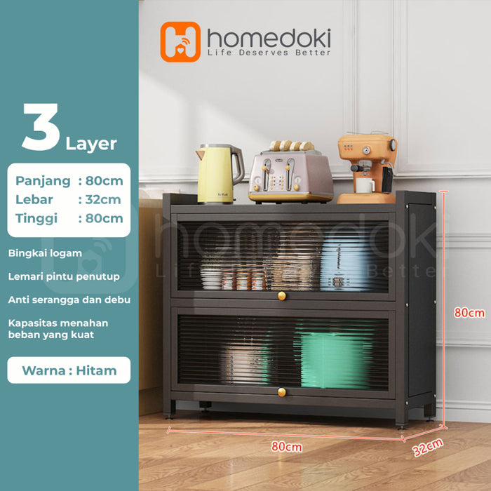 Homedoki Rak Piring Tertutup / Rak Dapur / Rak Susun Serbaguna / Lemari Piring / Rak Penyimpanan Multi-layer Dengan Roda Pintu