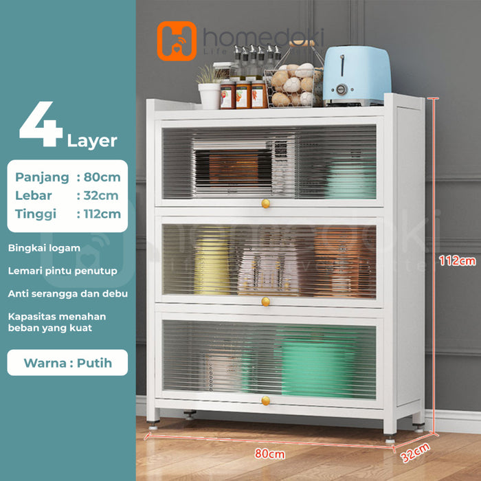 Homedoki Rak Piring Tertutup / Rak Dapur / Rak Susun Serbaguna / Lemari Piring / Rak Penyimpanan Multi-layer Dengan Roda Pintu