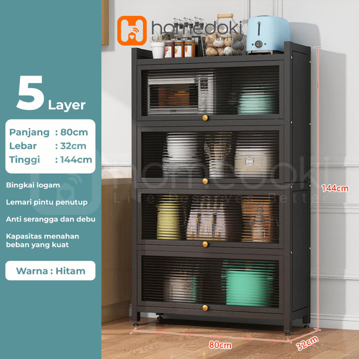 Homedoki Rak Piring Tertutup / Rak Dapur / Rak Susun Serbaguna / Lemari Piring / Rak Penyimpanan Multi-layer Dengan Roda Pintu
