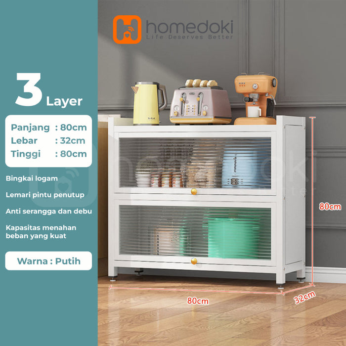 Homedoki Rak Piring Tertutup / Rak Dapur / Rak Susun Serbaguna / Lemari Piring / Rak Penyimpanan Multi-layer Dengan Roda Pintu