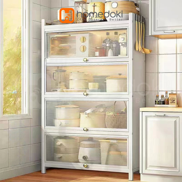 Homedoki Rak Piring Tertutup / Rak Dapur / Rak Susun Serbaguna / Lemari Piring / Rak Penyimpanan Multi-layer Dengan Roda Pintu