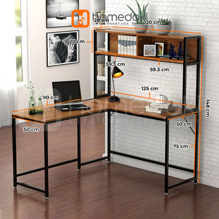 Homedoki Meja Belajar / Meja Komputer L / Meja Kerja Rumah / Meja Belajar Rak Buku / L shaped Desk