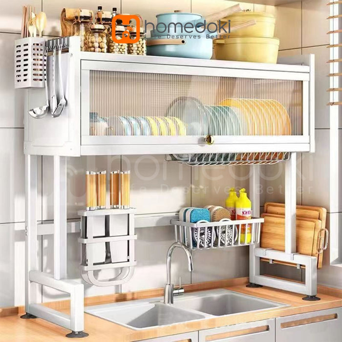 Homedoki Rak piring wastafel / rak wastafel dapur / rak di atas wastafel / rak piring besi dapur / rak penyimpanan piring