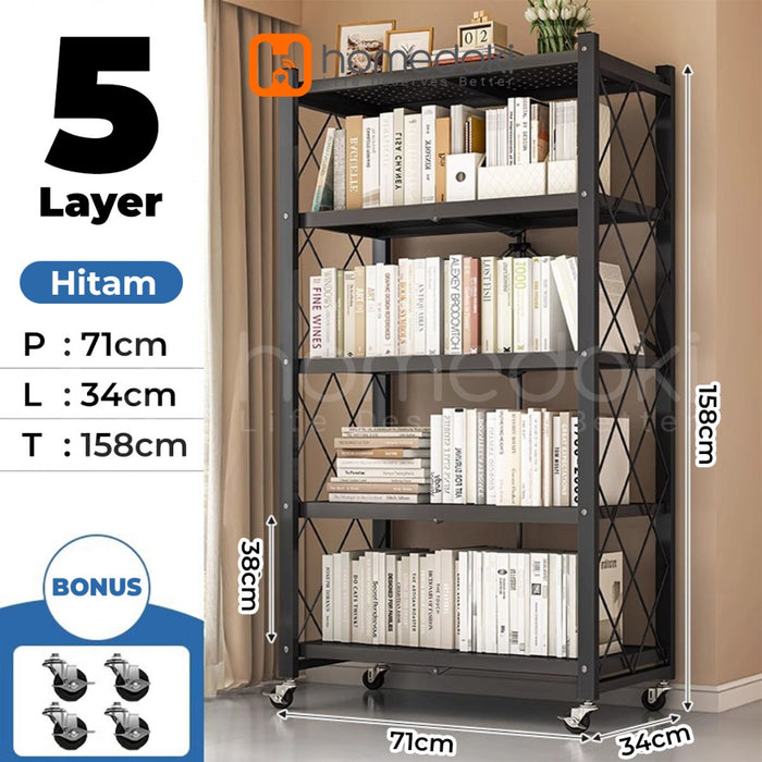 Homedoki Rak Lipat penyimpanan multifungsi 5 tingkat/rak penyimpanan gudang/rak penyimpanan dapur/lemari buku