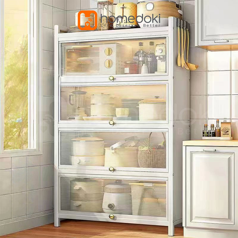 Homedoki Rak Piring Tertutup / Rak Dapur / Rak Susun Serbaguna / Lemari Piring / Rak Penyimpanan Multi-layer Dengan Roda Pintu
