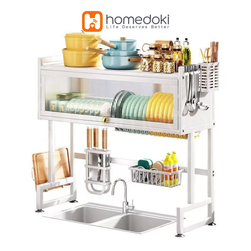 Homedoki Rak piring wastafel / rak wastafel dapur / rak di atas wastafel / rak piring besi dapur / rak penyimpanan piring