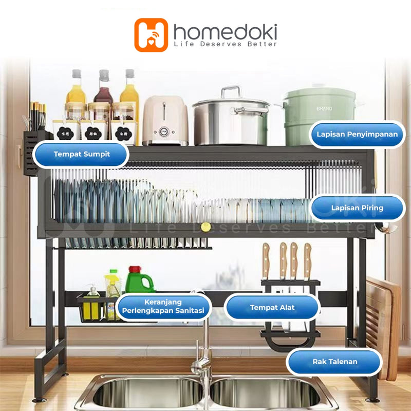 Homedoki Rak piring wastafel / rak wastafel dapur / rak di atas wastafel / rak piring besi dapur / rak penyimpanan piring
