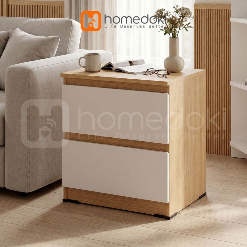Homedoki Meja Samping Tempat Tidur/Meja Samping Ranjang Apartemen Kecil/Nakas 2 Laci Penyimpanan Besar/Lemari Laci Samping Kasur