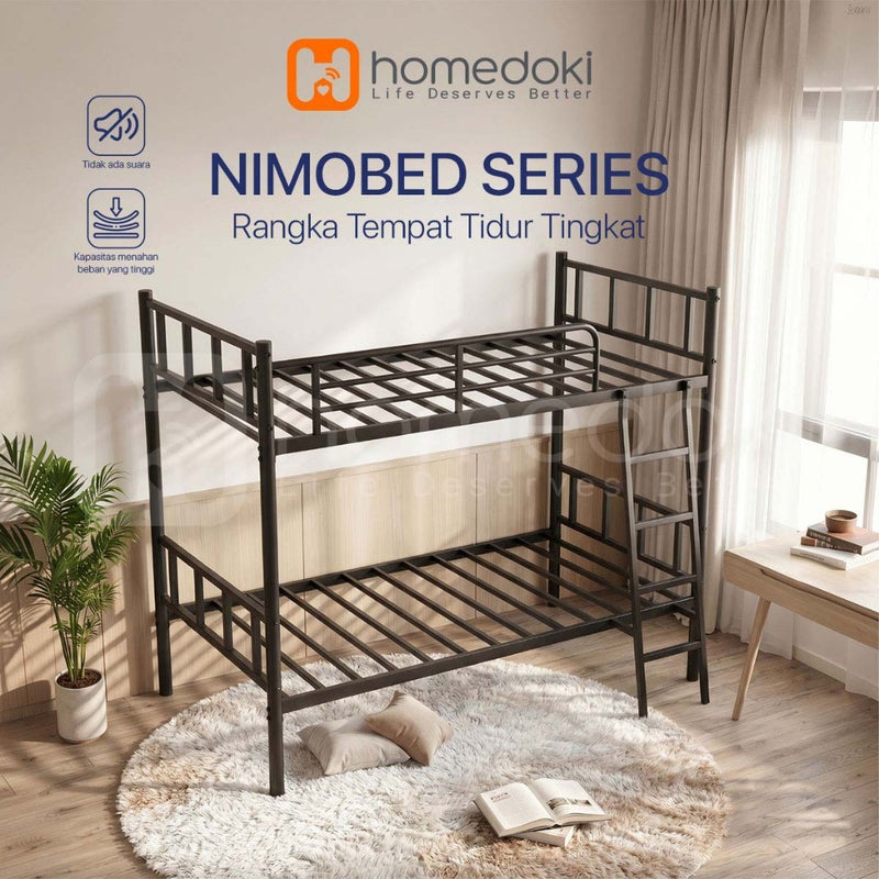 Homedoki NIMOBED Series / Tempat Tidur Besi / Tingkat Susun 2 Tempat Tidur / Ranjang Susun Besi Kokoh/Ranjang Anak Susun Anti Jatuh/Ranjang Dua Tingkat