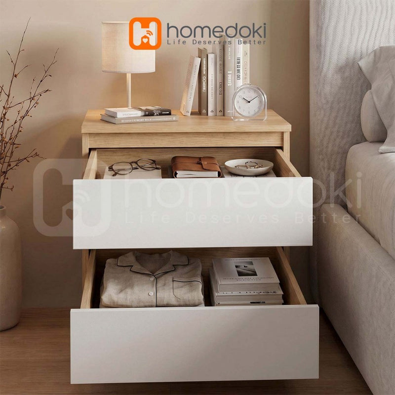 Homedoki Meja Samping Tempat Tidur/Meja Samping Ranjang Apartemen Kecil/Nakas 2 Laci Penyimpanan Besar/Lemari Laci Samping Kasur