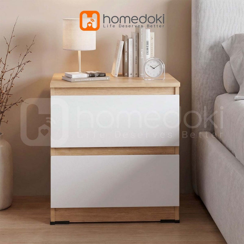 Homedoki Meja Samping Tempat Tidur/Meja Samping Ranjang Apartemen Kecil/Nakas 2 Laci Penyimpanan Besar/Lemari Laci Samping Kasur