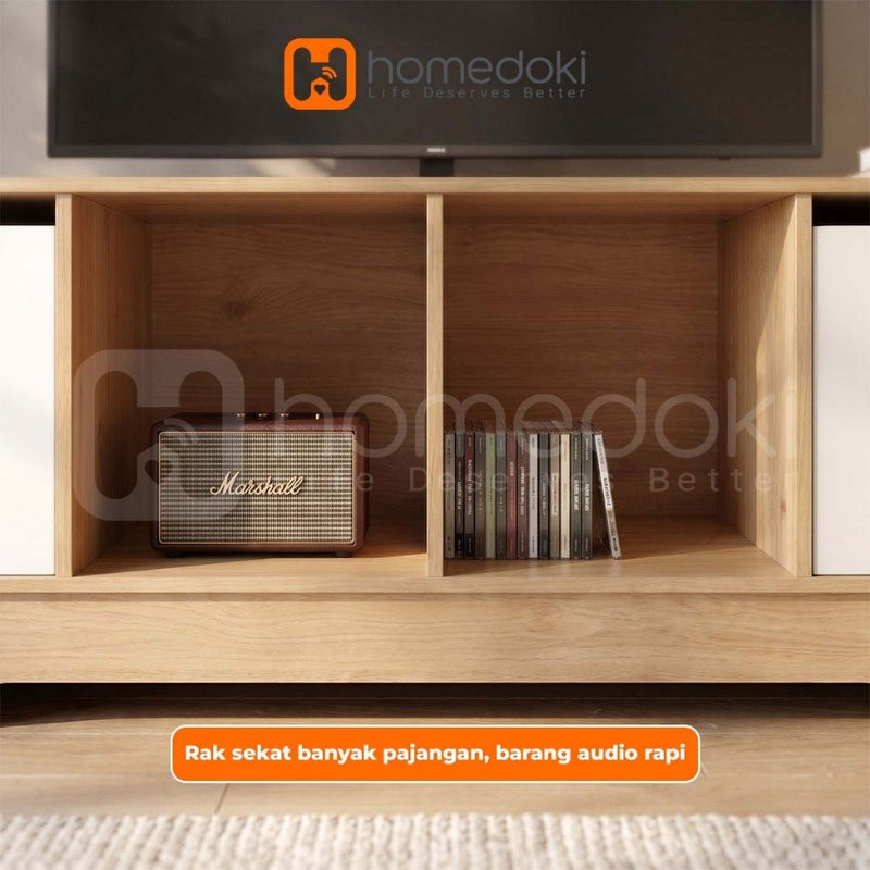 Homedoki Meja TV/Meja TV Kayu/Meja TV Ruang Tamu/Lemari TV Penyimpanan/Lemari TV Dengan Pintu/2 Ruang Terbuka Kabinet TV Minimalis Japandi