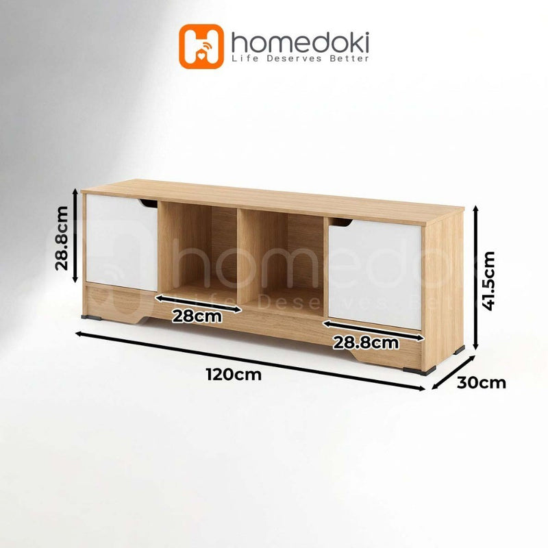 Homedoki Meja TV/Meja TV Kayu/Meja TV Ruang Tamu/Lemari TV Penyimpanan/Lemari TV Dengan Pintu/2 Ruang Terbuka Kabinet TV Minimalis Japandi