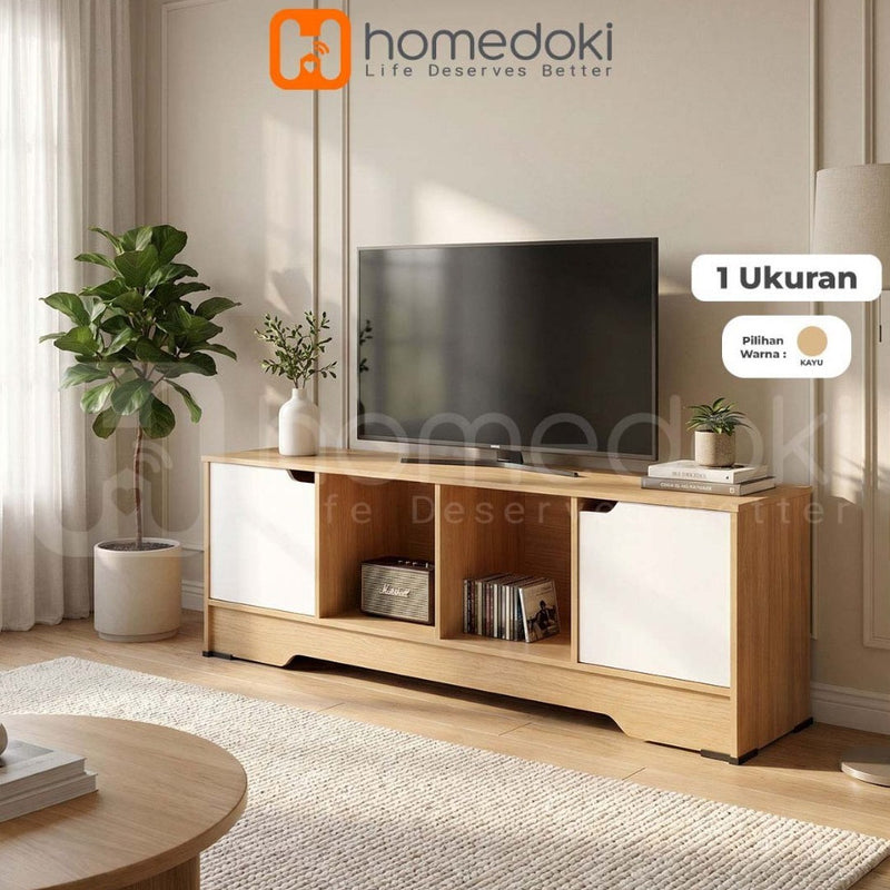 Homedoki Meja TV/Meja TV Kayu/Meja TV Ruang Tamu/Lemari TV Penyimpanan/Lemari TV Dengan Pintu/2 Ruang Terbuka Kabinet TV Minimalis Japandi