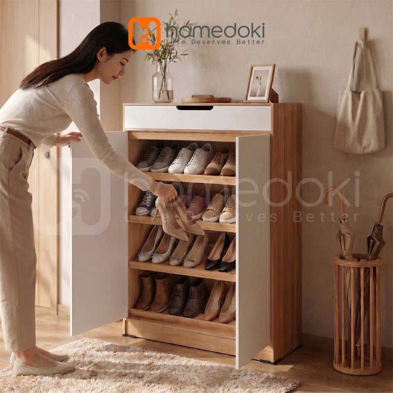 Homedoki Lemari Sepatu Minimalis Aesthetic / Rak Sepatu / Rak Sepatu Susun Tertutup / Lemari Susun/Lemari Sepatu Dengan Tutup Atas Lipat