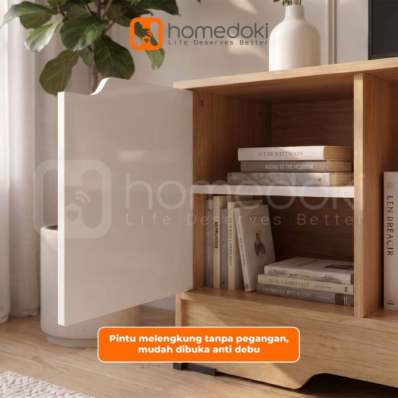 Homedoki Meja TV/Meja TV Kayu/Meja TV Ruang Tamu/Lemari TV Penyimpanan/Lemari TV Dengan Pintu/2 Ruang Terbuka Kabinet TV Minimalis Japandi