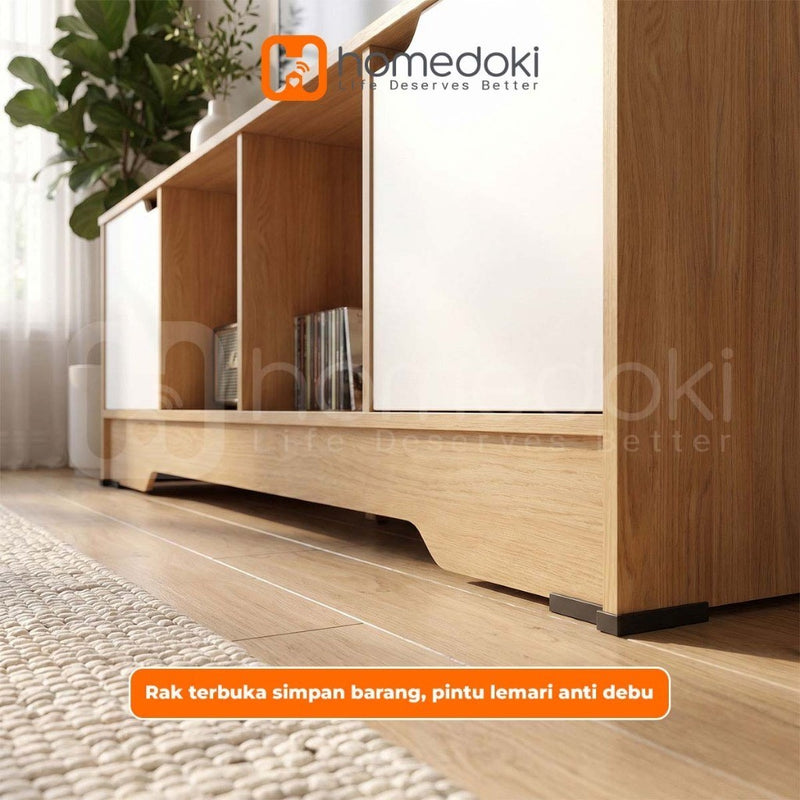 Homedoki Meja TV/Meja TV Kayu/Meja TV Ruang Tamu/Lemari TV Penyimpanan/Lemari TV Dengan Pintu/2 Ruang Terbuka Kabinet TV Minimalis Japandi