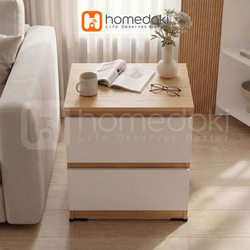 Homedoki Meja Samping Tempat Tidur/Meja Samping Ranjang Apartemen Kecil/Nakas 2 Laci Penyimpanan Besar/Lemari Laci Samping Kasur