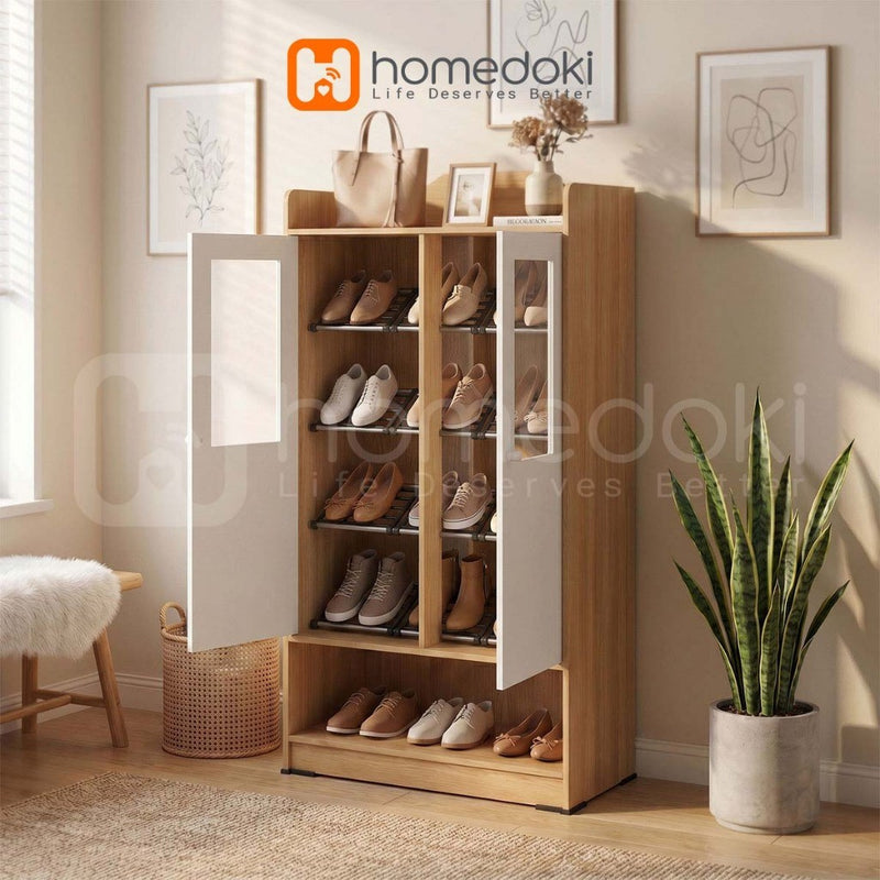 Homedoki Lemari Sepatu/Lemari Sepatu Tidak Berdebu/Rak Sepatu Pintu Masuk/Rak Sepatu Kayu Warna Natural