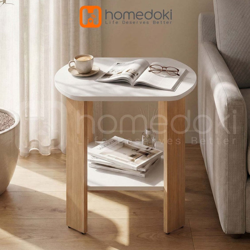 Homedoki Meja Ruang Tamu/Meja Kopi/Meja Kopi Dua Tingkat/Meja Tamu Warna Putih Kayu Natural/Meja Tamu Sudut Kecil