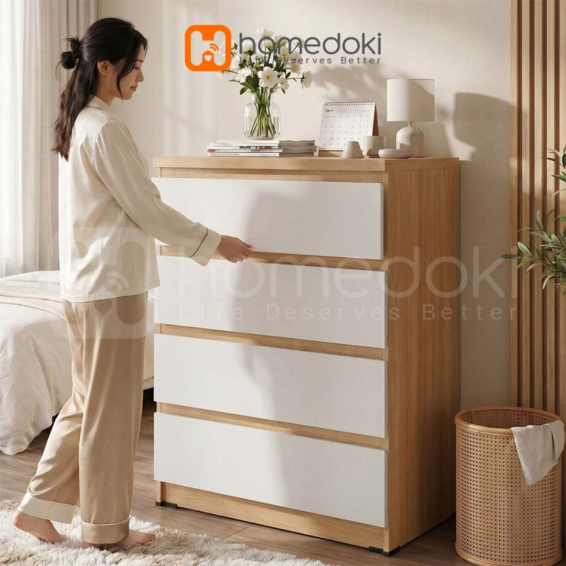 Homedoki Lemari Minimalis/Chest Drawer 4 Laci/Lemari Serbaguna/Lemari Penyimpanan 4 tingkat/Lemari Laci Tanpa Pegangan