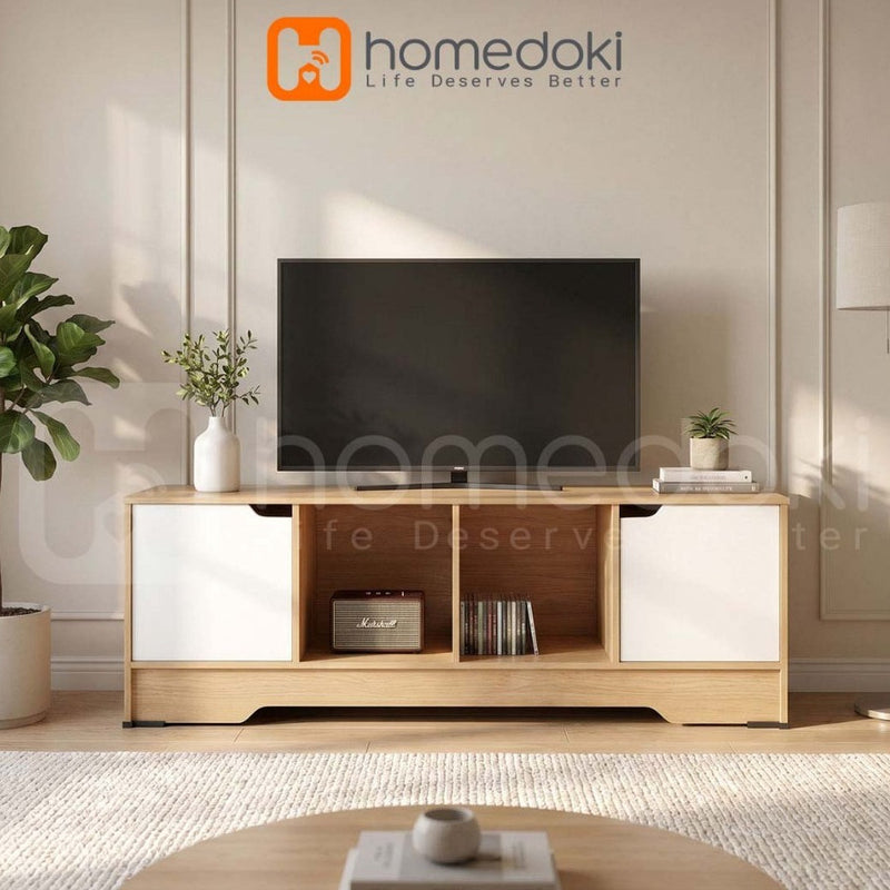 Homedoki Meja TV/Meja TV Kayu/Meja TV Ruang Tamu/Lemari TV Penyimpanan/Lemari TV Dengan Pintu/2 Ruang Terbuka Kabinet TV Minimalis Japandi