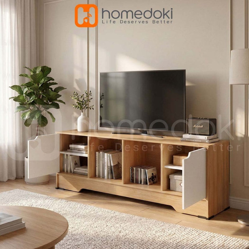 Homedoki Meja TV/Meja TV Kayu/Meja TV Ruang Tamu/Lemari TV Penyimpanan/Lemari TV Dengan Pintu/2 Ruang Terbuka Kabinet TV Minimalis Japandi
