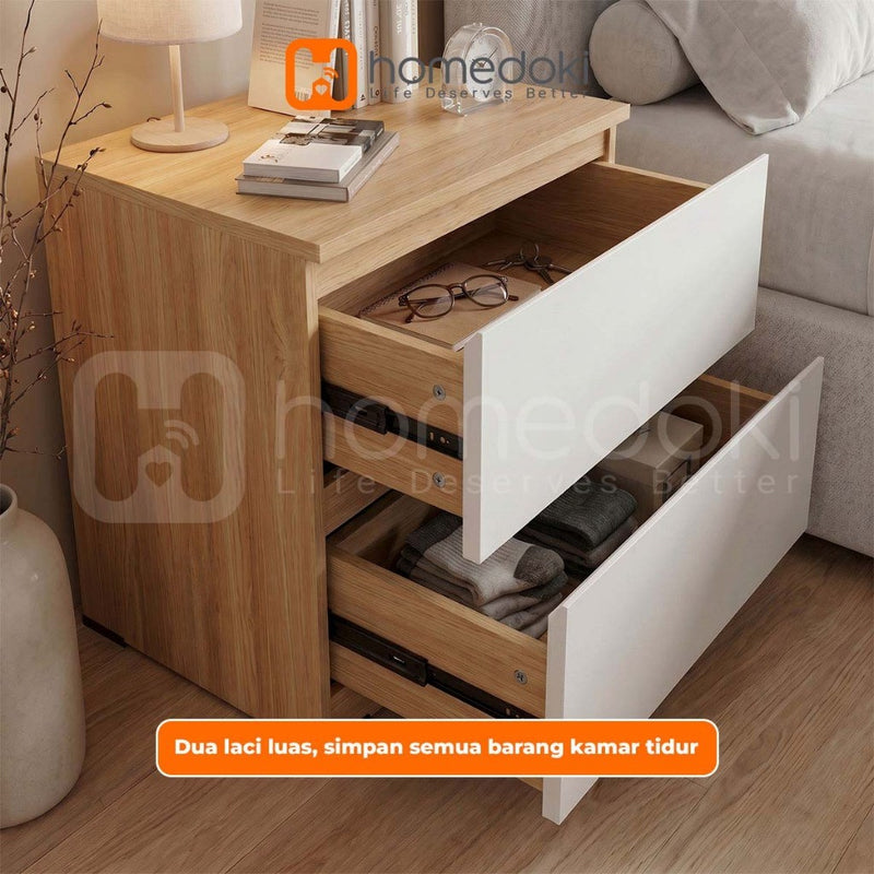 Homedoki Meja Samping Tempat Tidur/Meja Samping Ranjang Apartemen Kecil/Nakas 2 Laci Penyimpanan Besar/Lemari Laci Samping Kasur