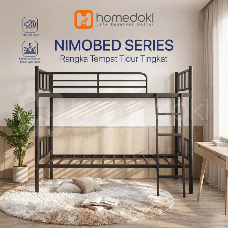 Homedoki NIMOBED Series / Tempat Tidur Besi / Tingkat Susun 2 Tempat Tidur / Ranjang Susun Besi Kokoh/Ranjang Anak Susun Anti Jatuh/Ranjang Dua Tingkat