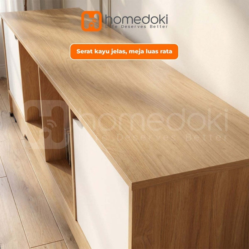 Homedoki Meja TV/Meja TV Kayu/Meja TV Ruang Tamu/Lemari TV Penyimpanan/Lemari TV Dengan Pintu/2 Ruang Terbuka Kabinet TV Minimalis Japandi