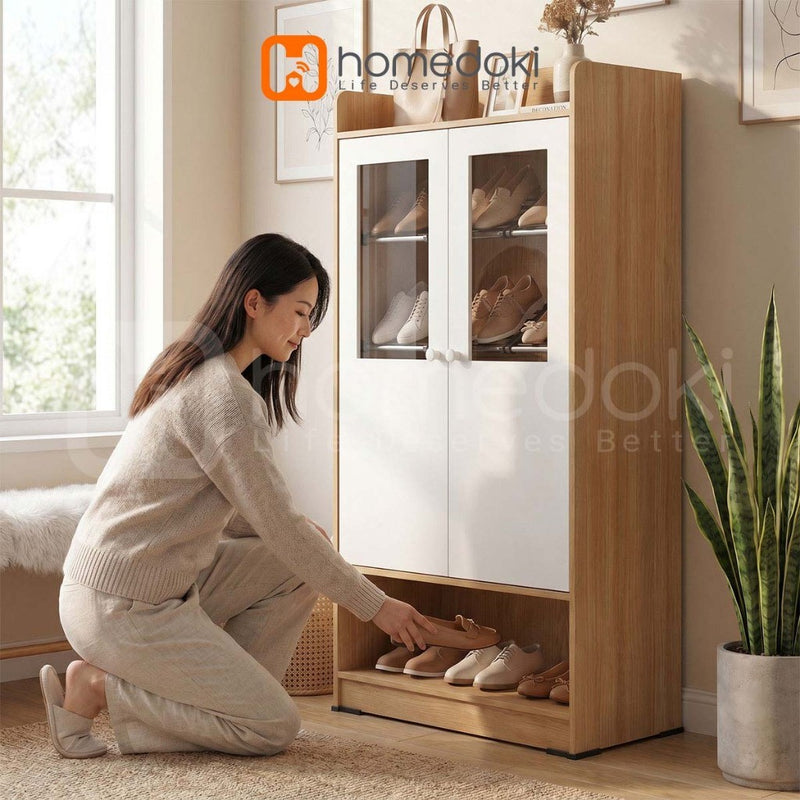 Homedoki Lemari Sepatu/Lemari Sepatu Tidak Berdebu/Rak Sepatu Pintu Masuk/Rak Sepatu Kayu Warna Natural