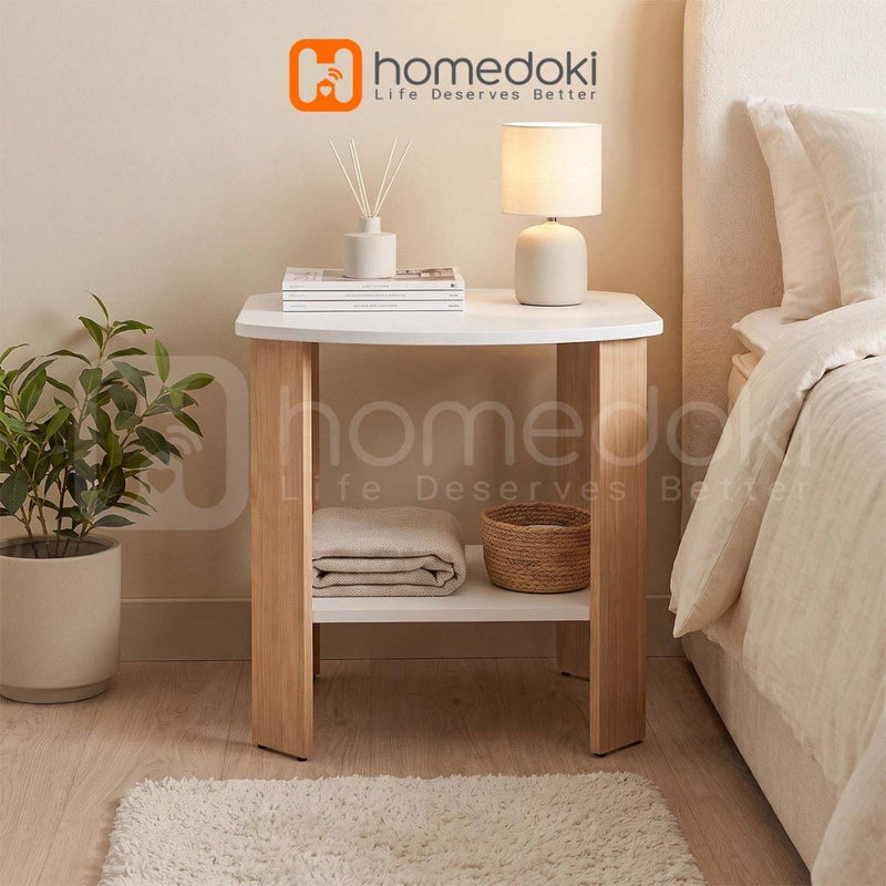 Homedoki Meja Ruang Tamu/Meja Kopi/Meja Kopi Dua Tingkat/Meja Tamu Warna Putih Kayu Natural/Meja Tamu Sudut Kecil