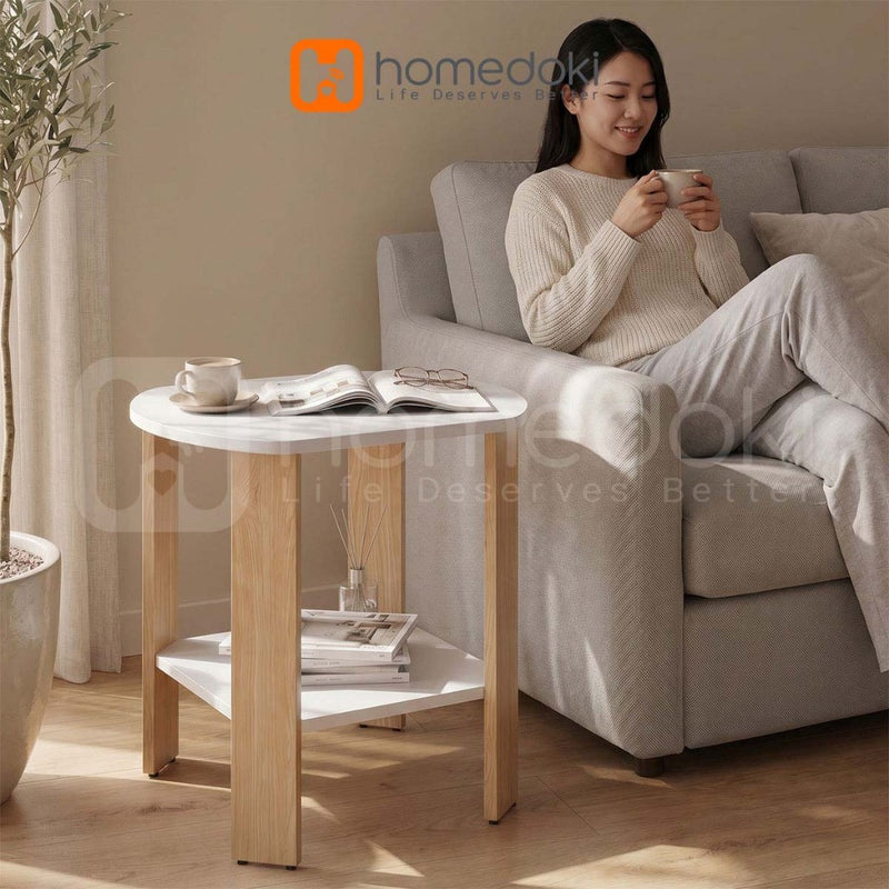 Homedoki Meja Ruang Tamu/Meja Kopi/Meja Kopi Dua Tingkat/Meja Tamu Warna Putih Kayu Natural/Meja Tamu Sudut Kecil