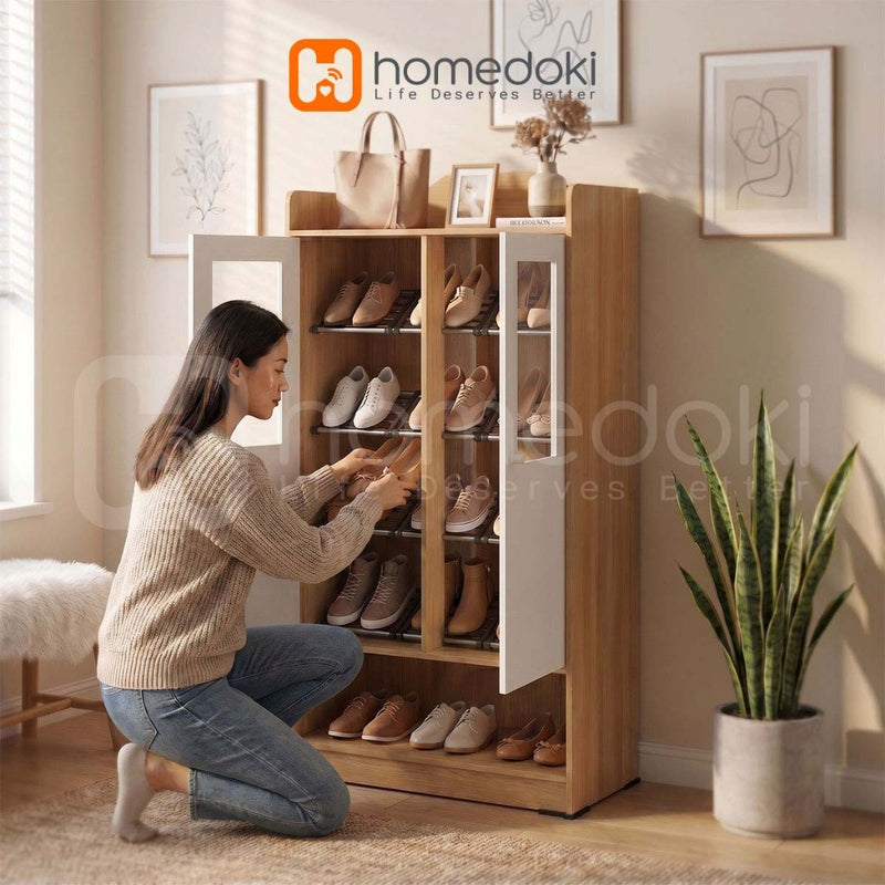 Homedoki Lemari Sepatu/Lemari Sepatu Tidak Berdebu/Rak Sepatu Pintu Masuk/Rak Sepatu Kayu Warna Natural