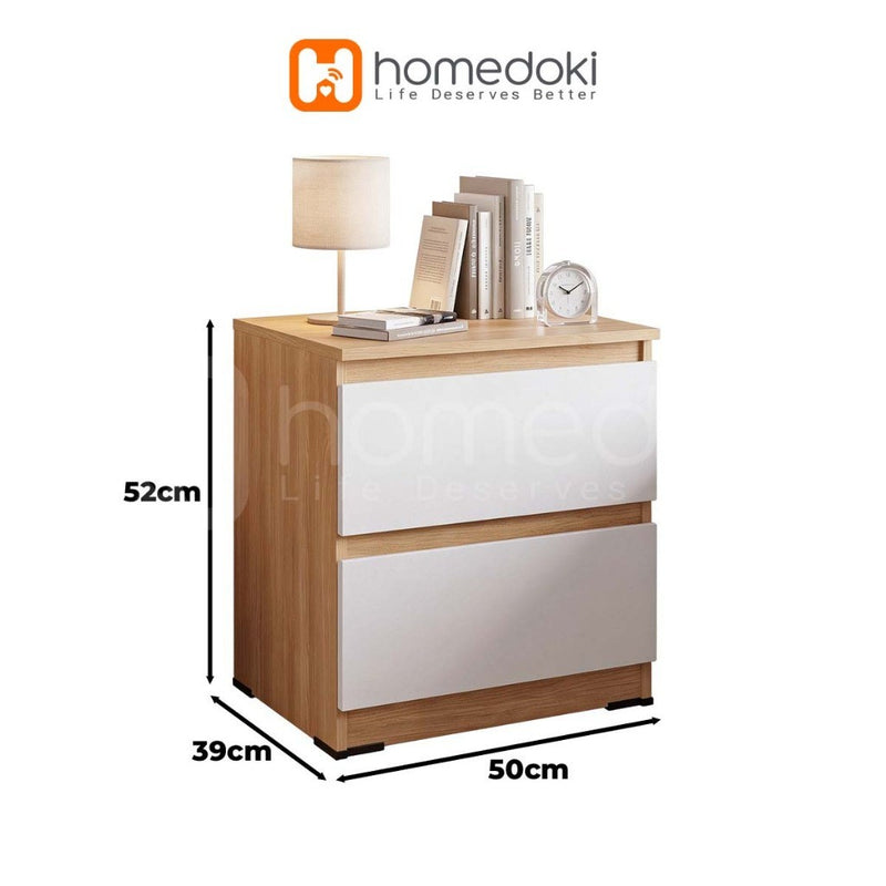 Homedoki Meja Samping Tempat Tidur/Meja Samping Ranjang Apartemen Kecil/Nakas 2 Laci Penyimpanan Besar/Lemari Laci Samping Kasur