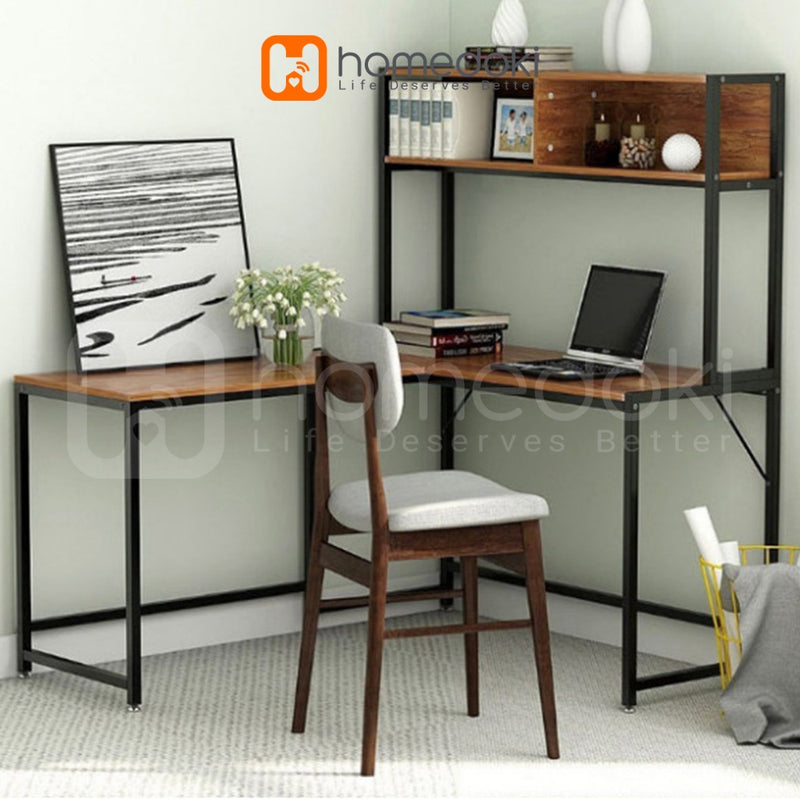 Homedoki Meja Belajar / Meja Komputer L / Meja Kerja Rumah / Meja Belajar Rak Buku / L shaped Desk