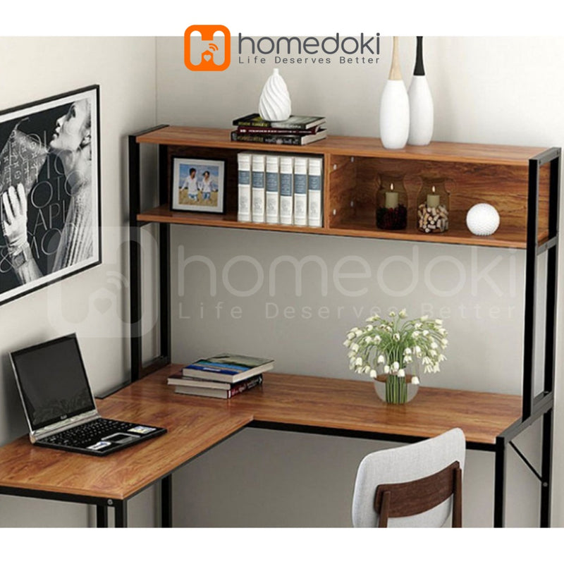 Homedoki Meja Belajar / Meja Komputer L / Meja Kerja Rumah / Meja Belajar Rak Buku / L shaped Desk