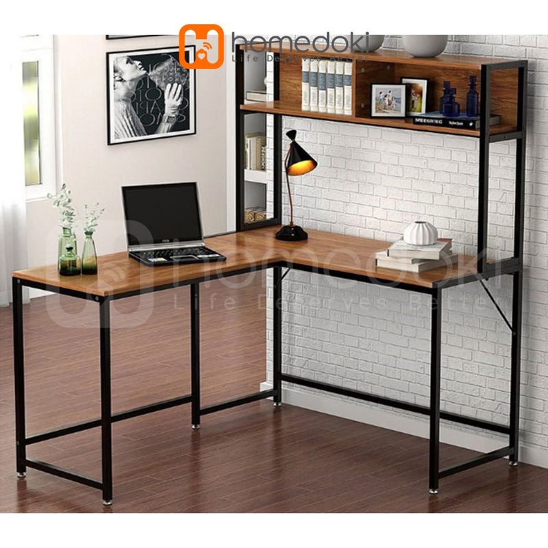 Homedoki Meja Belajar / Meja Komputer L / Meja Kerja Rumah / Meja Belajar Rak Buku / L shaped Desk