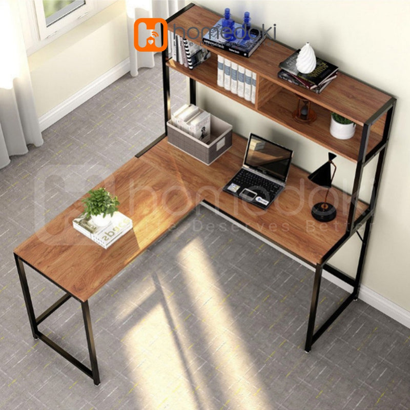 Homedoki Meja Belajar / Meja Komputer L / Meja Kerja Rumah / Meja Belajar Rak Buku / L shaped Desk